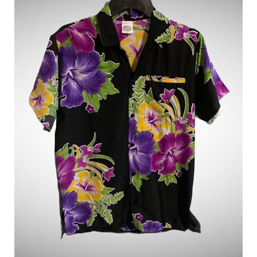 HAPPY BAY Men's  Casual Hawaiian Shirt Button Down Collar S Black